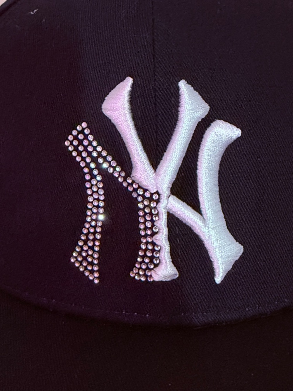 NY Black Baseball Cap with White Embroidered Logo and Rhinestone Accent